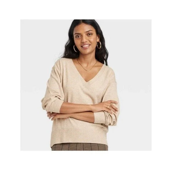 A New Day Sweater Size Small Oatmeal V Neck Knit Top Fine Gauge Pullover Target - Picture 3 of 11